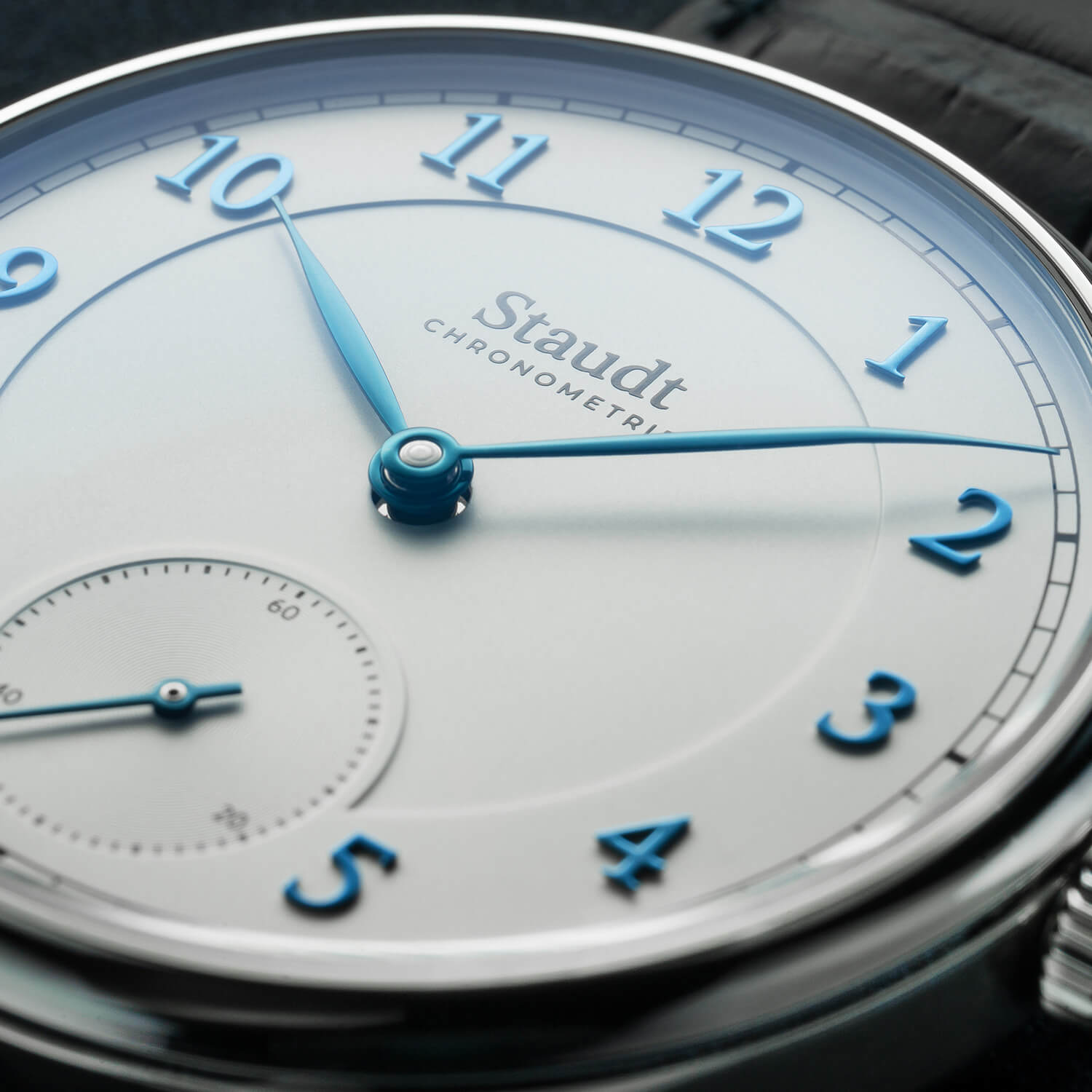 Staudt Prelude Hand Wound thermo blued hands dial mechanical watch close up