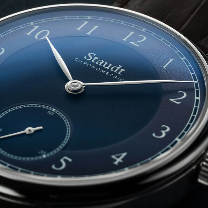 Close-up of blue luxury watch high-end mechanical movement of a Dutch watch brand Staudt